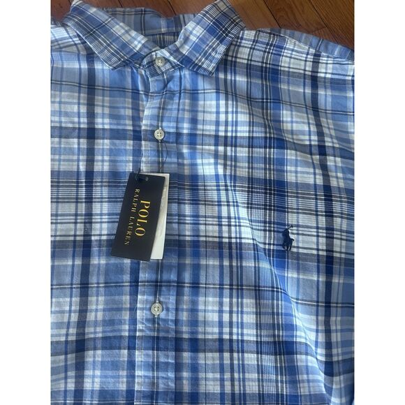 NWT Polo Ralph Lauren 2LT 2XL Tall Plaid Cotton LS Shirt Preppy Blue - Picture 2 of 6